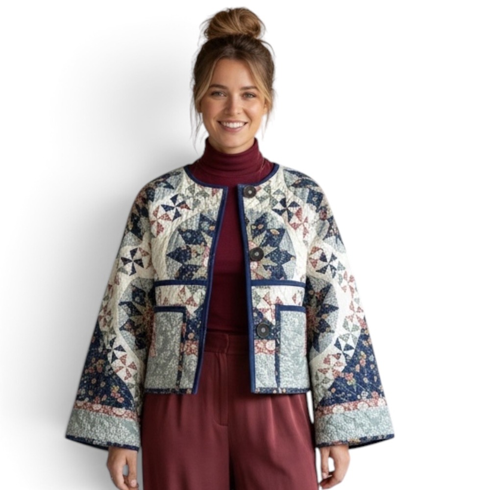 Handcrafted Quilted Bog Jacket Star Floral Navy Cream Botton Up Pockets Large